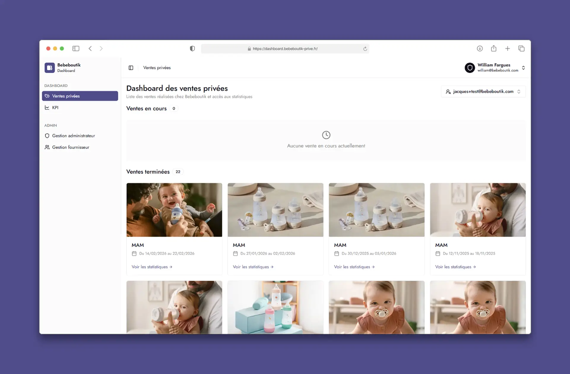 Mockup de l'application web Dashboard Bebeboutik